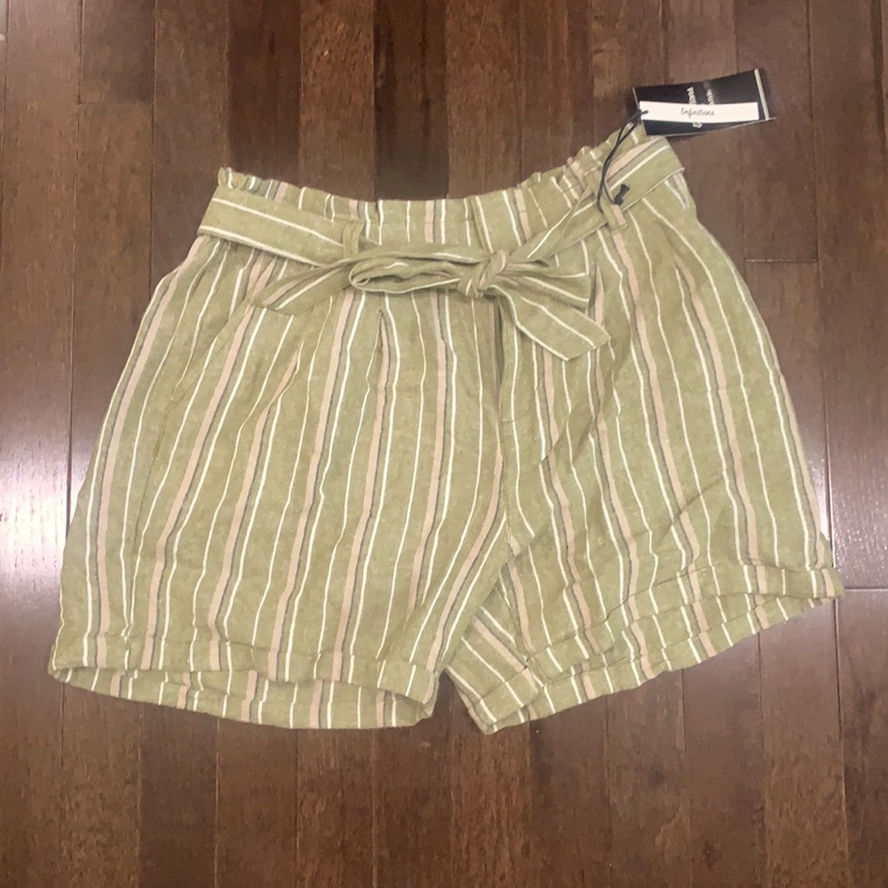 Olive Green Linen Paper Bag Shorts - Medium